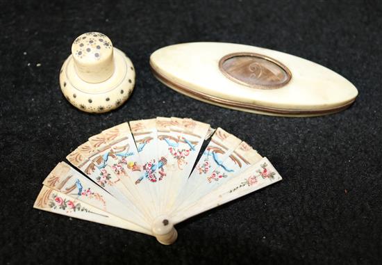 George III ivory toothpick case, an incomplete fan and a pique-work flask